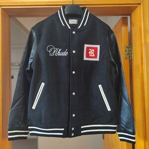 Rhude Embroidered Panel Leather Sleeve Casual Baseball Jacket